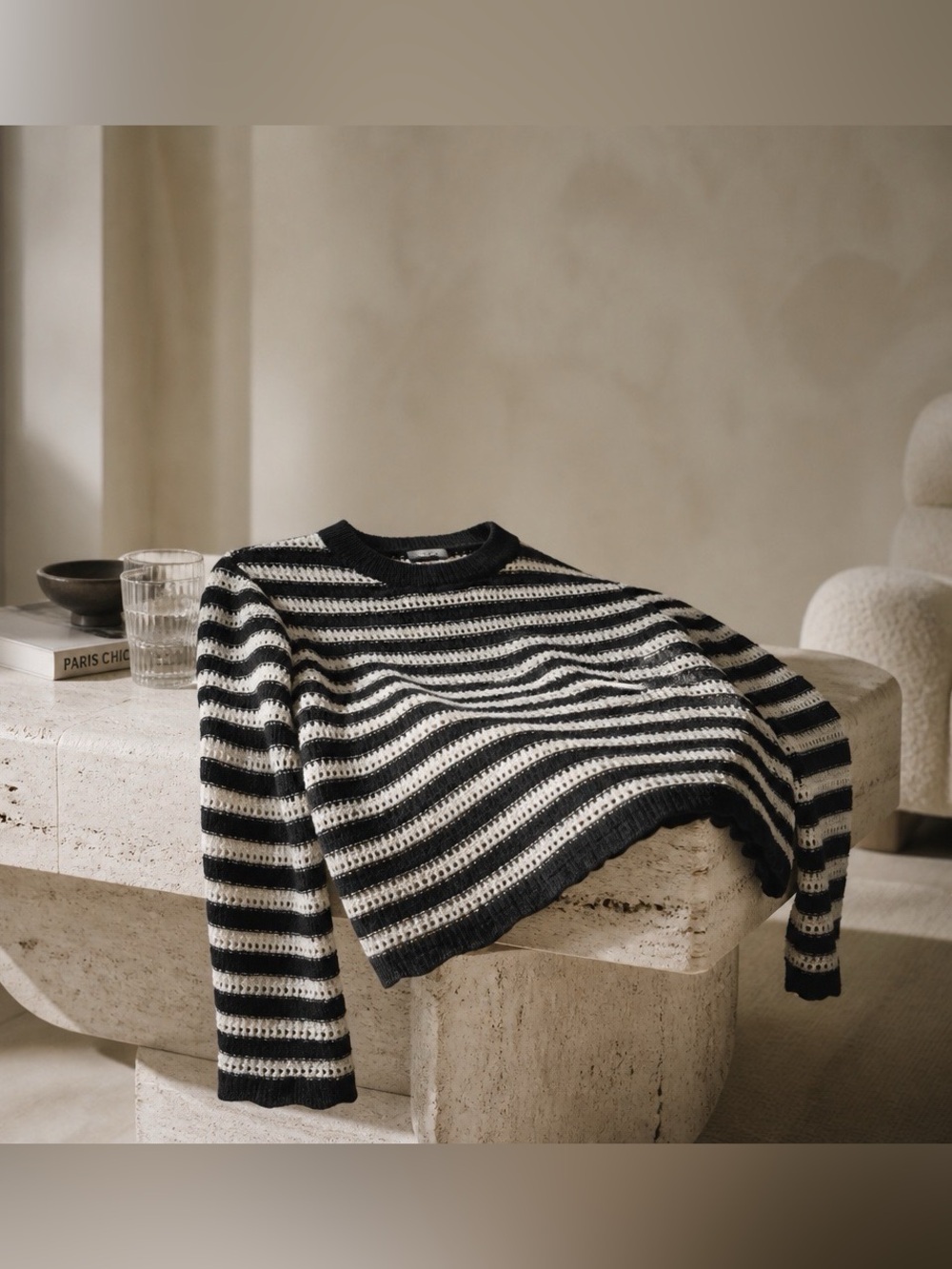 Halogen Black White Striped Open Knit Crewneck Pullover Sweater